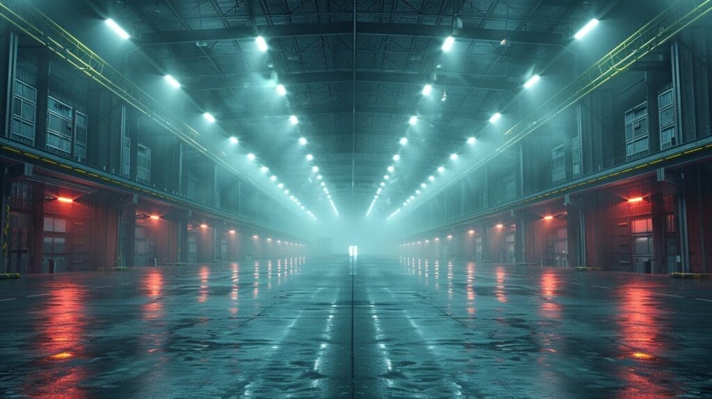 Industrial warehouse with uniform UFO high bay lighting