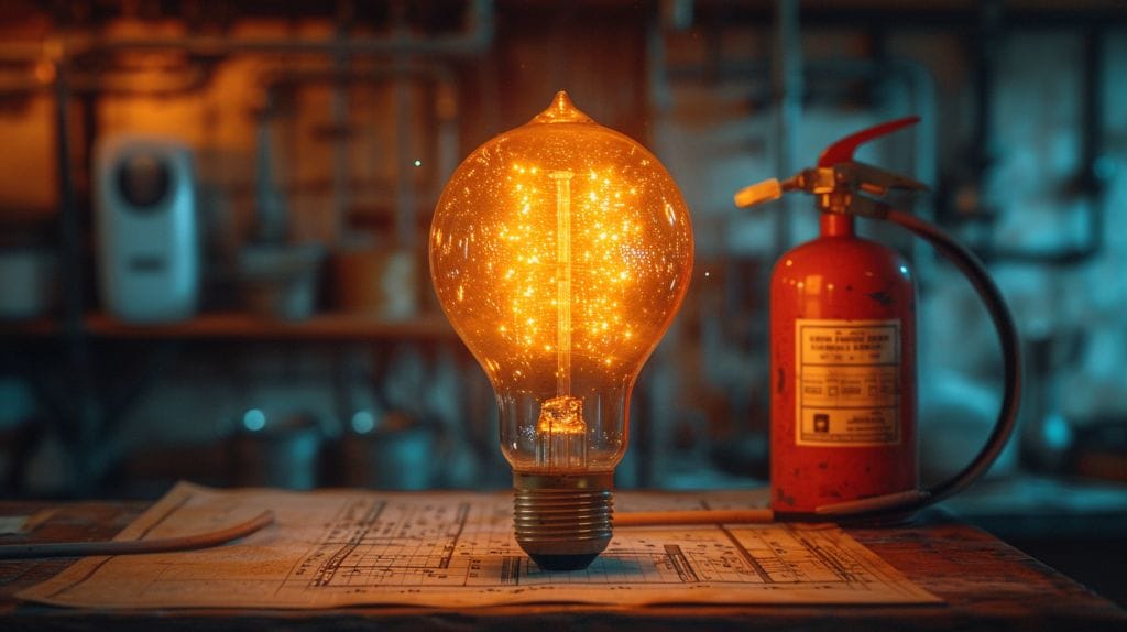 LED bulb with sparks, fire extinguisher, smoke detector, home blueprint.