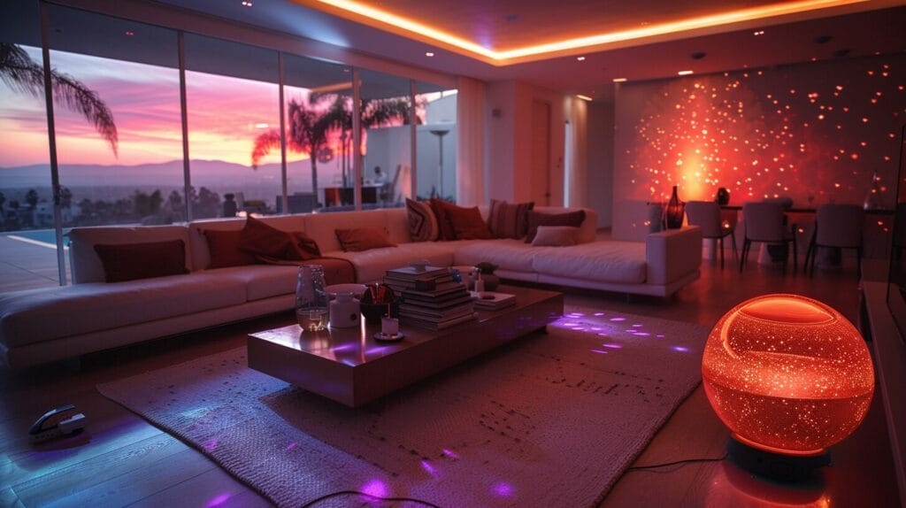 Living room festive laser light show with disco ball.