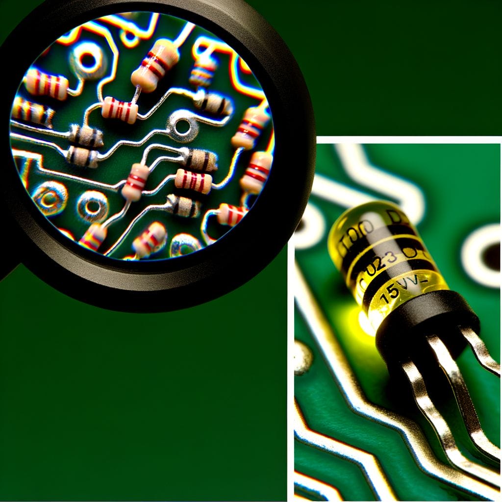 Magnifying glass, resistors, glowing 5V LED, circuit board