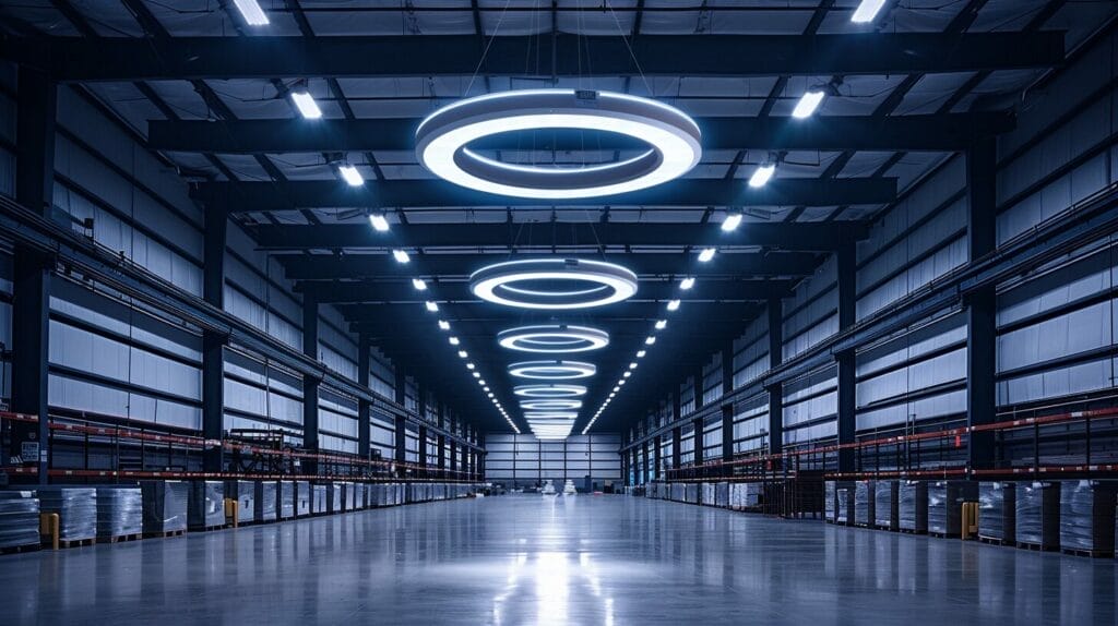 Modern UFO LED high bay light in warehouse