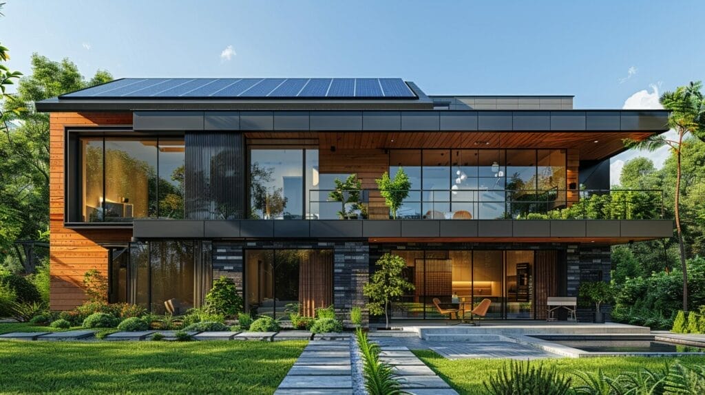 Modern home rooftop covered in gleaming solar panels under the sun, surrounded by lush green trees and clear blue skies.