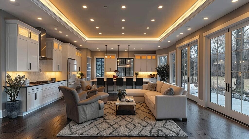 Modern living room with recessed task light, pendant accent light, and track lights for ambient lighting.