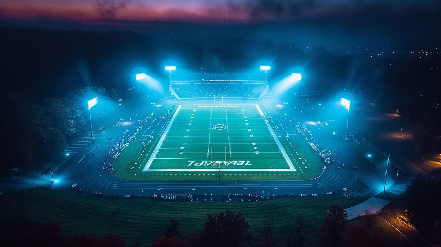 Modern stadium at night, LED flood lights, vibrant field and audience area