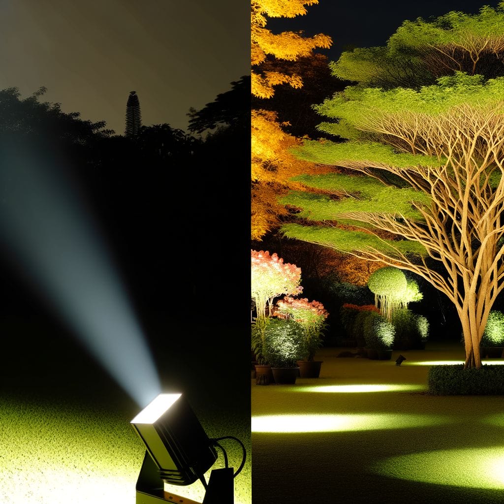 Narrow spotlight on tree and wide floodlight on garden at night