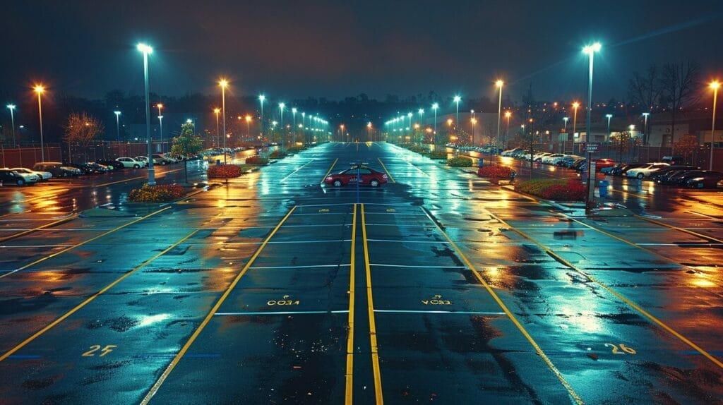 Night parking lot with warm, even lighting over asphalt, walkways, and lanes.