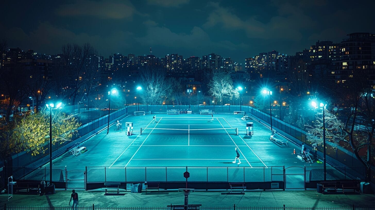 Night tennis court, bright lights, players in action, determination.