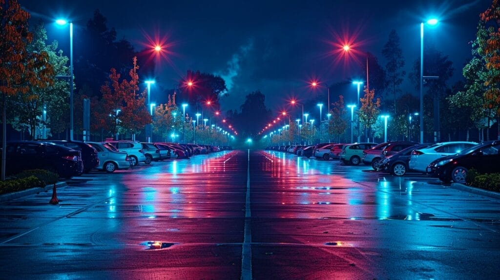 Nighttime parking lot with evenly spaced LED lights and clear markings for safety.