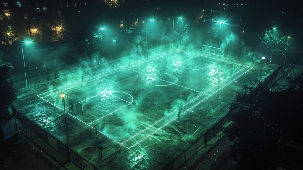 Nighttime sports court brightly illuminated by powerful lights, showcasing long shadows and intense gameplay.