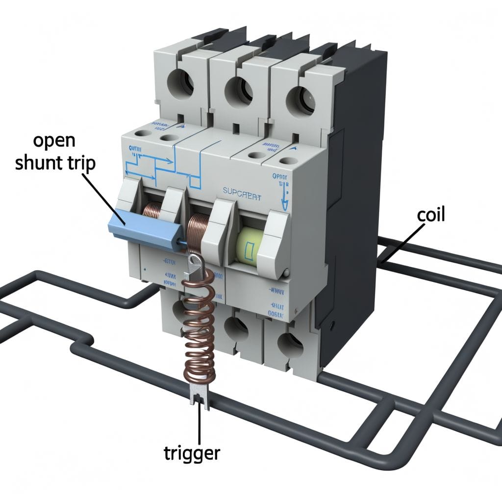 Wire A Shunt Trip Breaker featuring an Open shunt trip breaker, coil, trigger, simplified electrical circuit illustration.