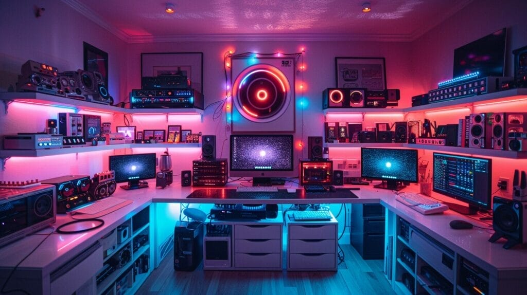 Organized workspace with colorful laser beams.