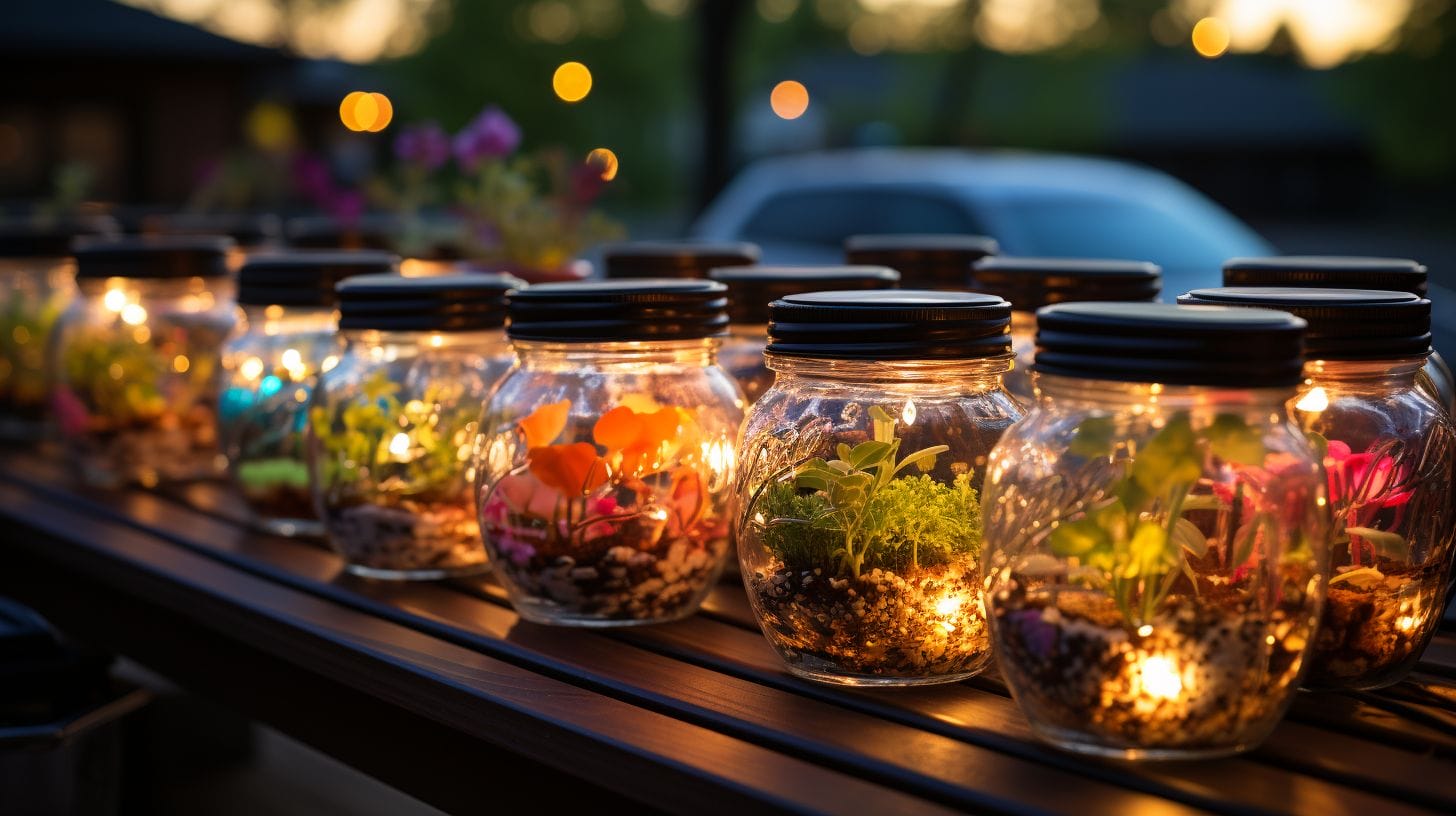 Outdoor space with Dollar Tree solar lights in household items