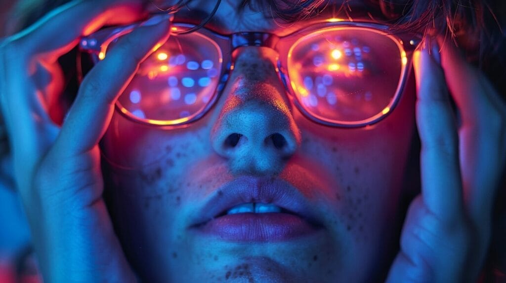 Person rubbing eyes in front of bright LED light.