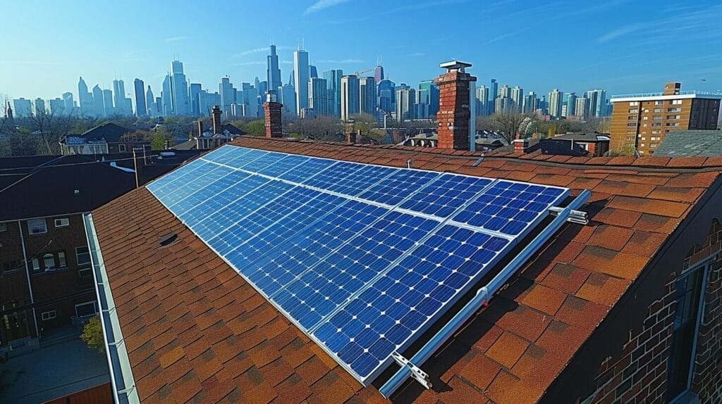 Rooftop with installed PV panels, inverters, batteries.