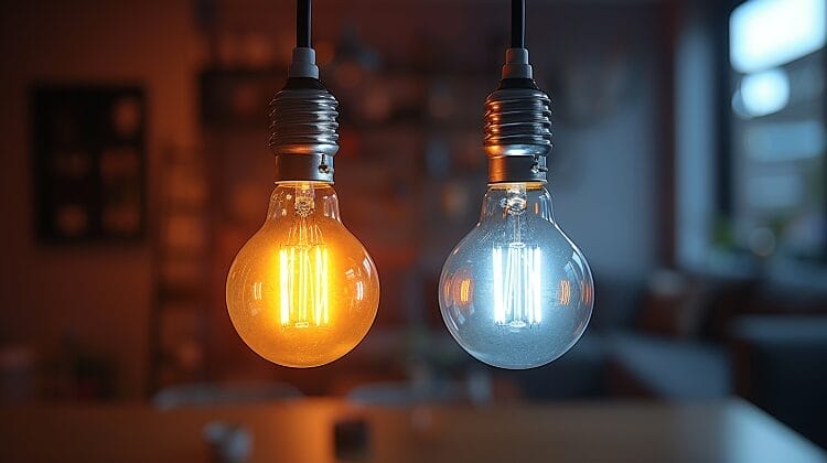 Side-by-side comparison of incandescent bulb with warm yellow light and LED bulb with bright white light, illustrating lumens and watts.