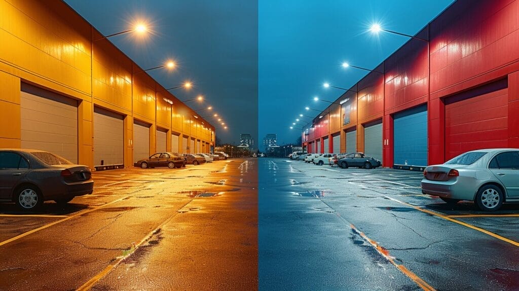 Side-by-side view of parking lots with LED versus Metal Halide fixtures highlighting differences in brightness and color.