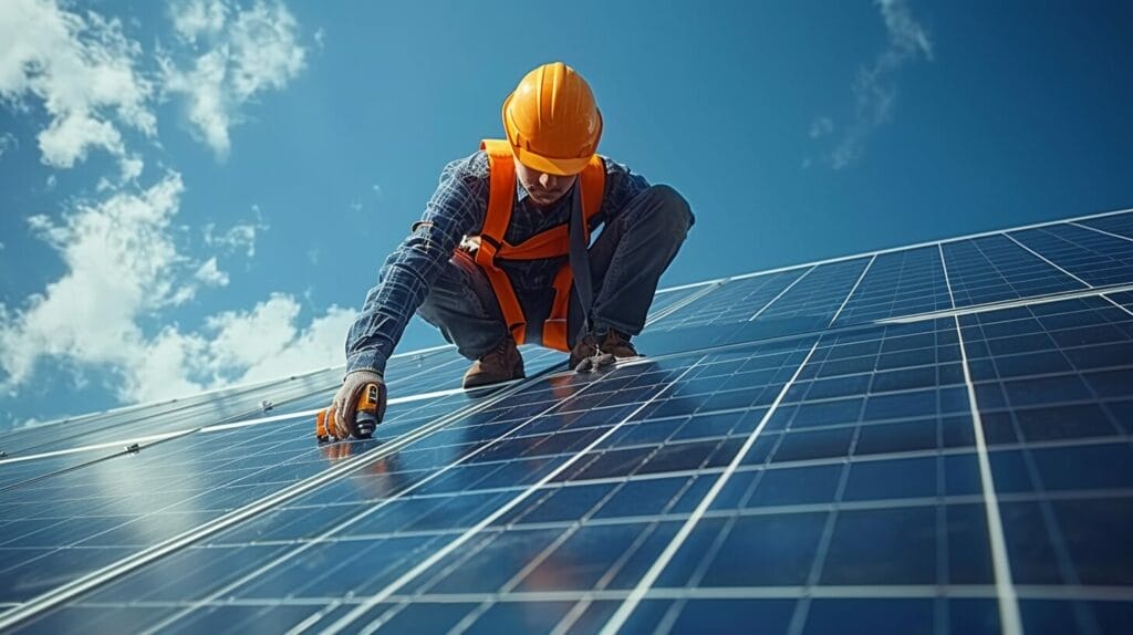 Solar panel installation guide on roof with ladder, tools, and worker.
