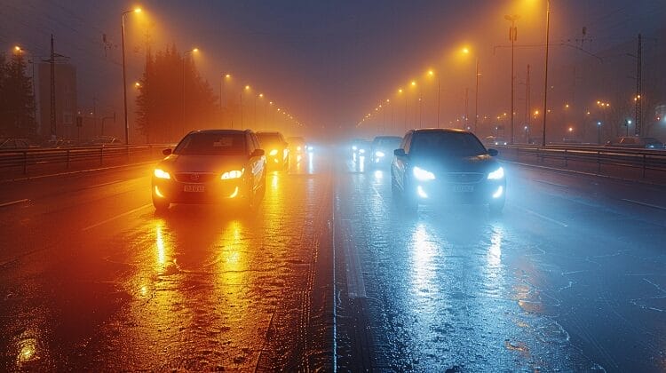Split image of car in fog, yellow vs white fog lights