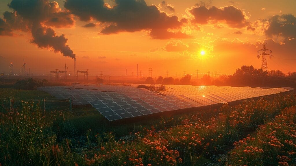 Sunlit landscape with shiny solar panels, with contrasting scene of pollution from non-renewable energy sources in the background.