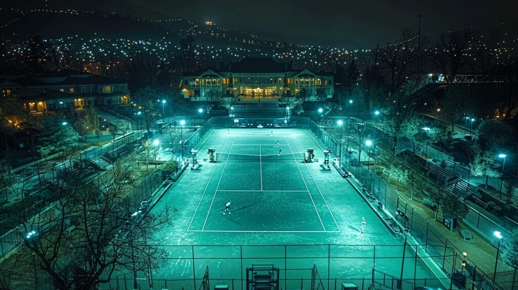 Tennis court at night, LED lights, even lighting, highlighted court lines.