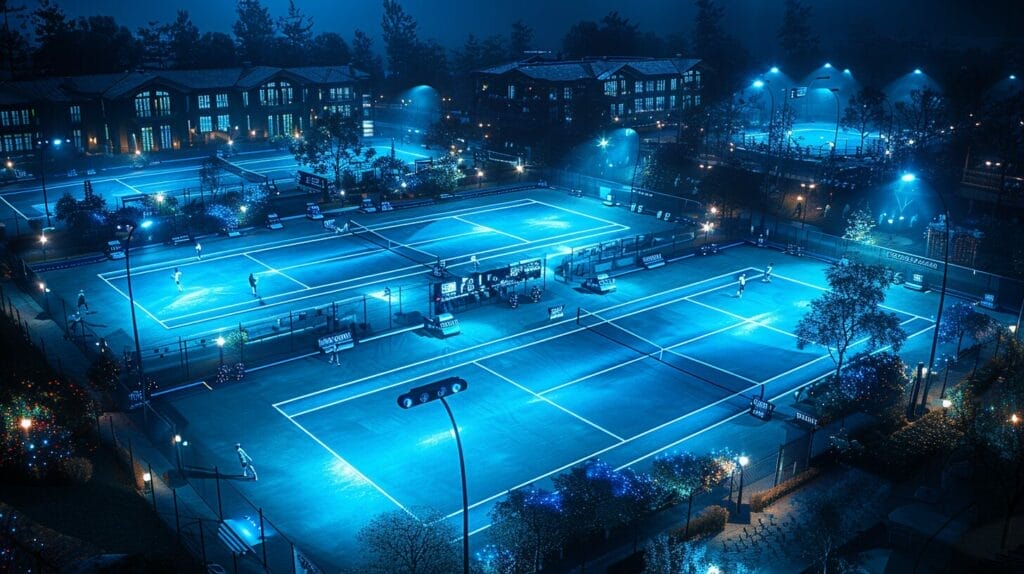 Tennis court at night, brightly lit by LED lights, featuring players in a competitive match.