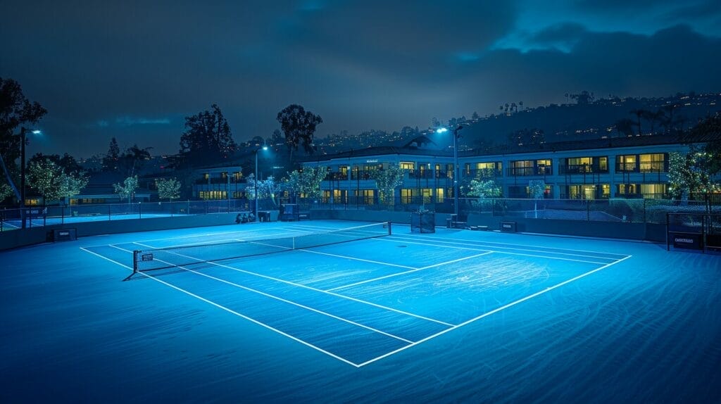 Tennis court, night, bright LED lights, detailed illumination.