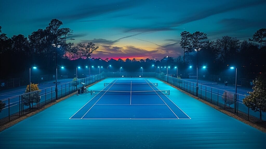Tennis court, night, optimal lighting, bright and even illumination.