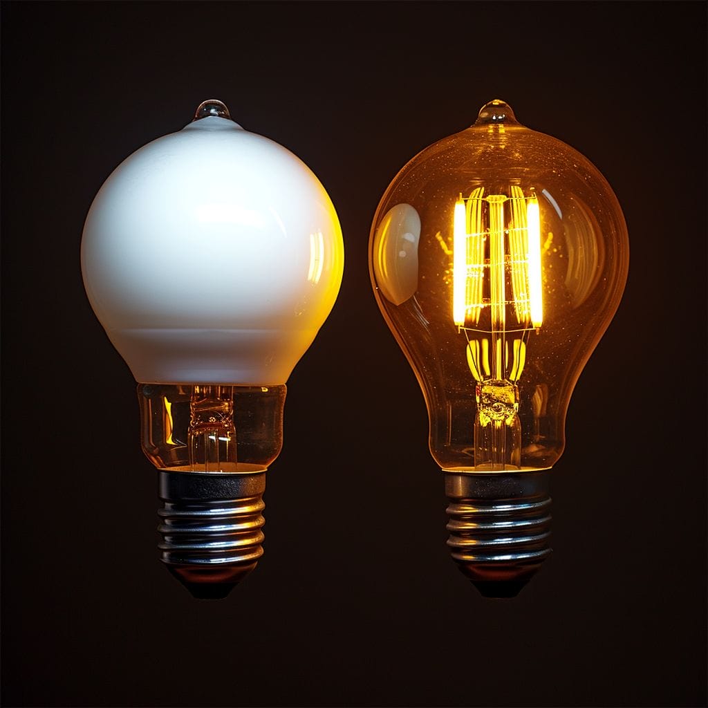 Two bulbs contrasted, one with cool white light, one with warm daylight glow