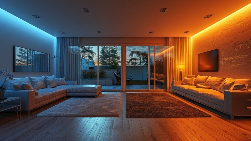 Two rooms side by side illuminated with a 2700k and a 3000k light bulb respectively