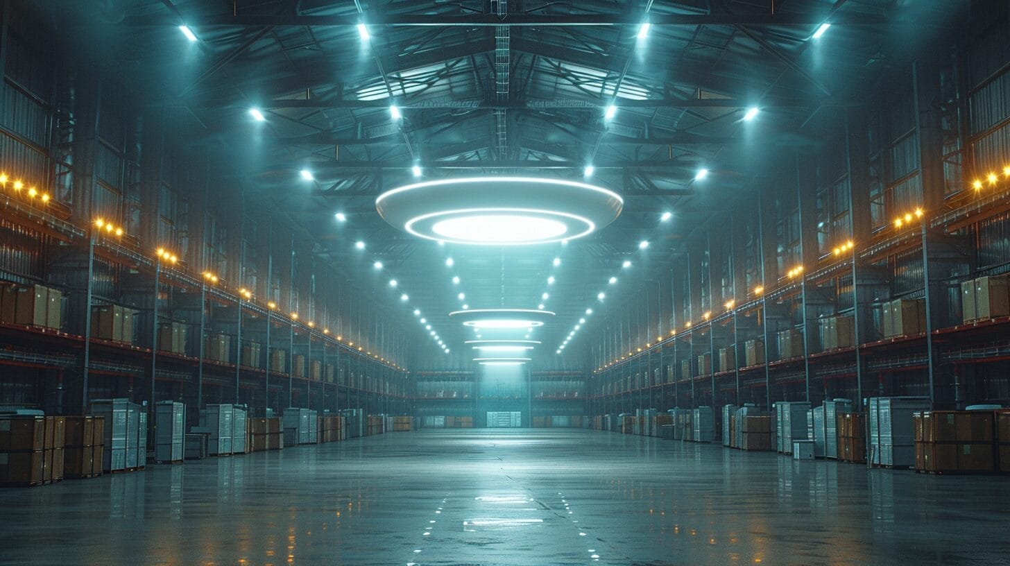 UFO LED high bay light fixture in a big warehouse