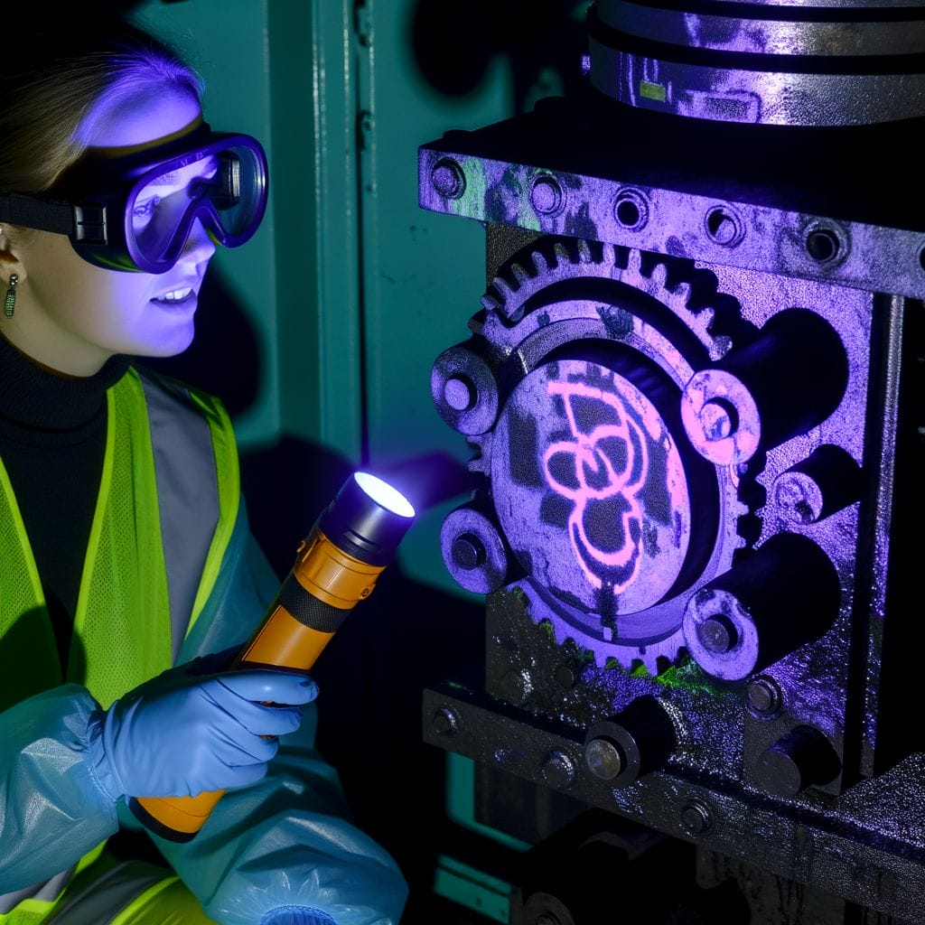 UV flashlight revealing markings on machinery with observer