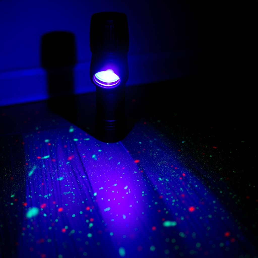 UV flashlight revealing particles in dark room