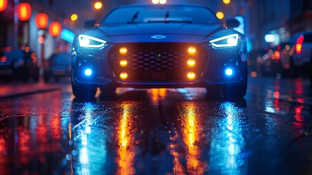 Variety of driving lights, vehicle in background.