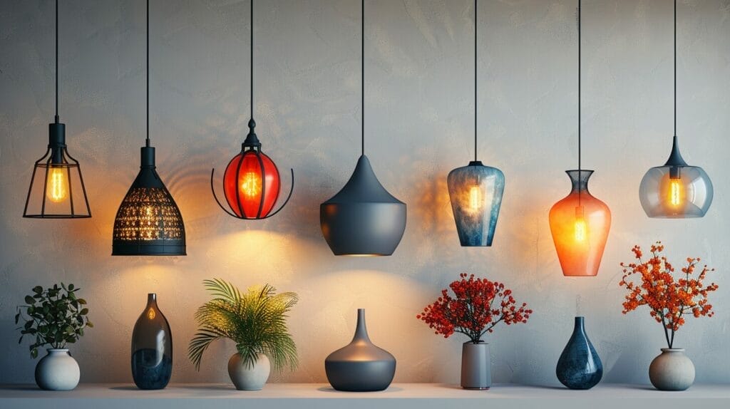 Various pendant lights in different shapes, sizes, materials at multiple heights.