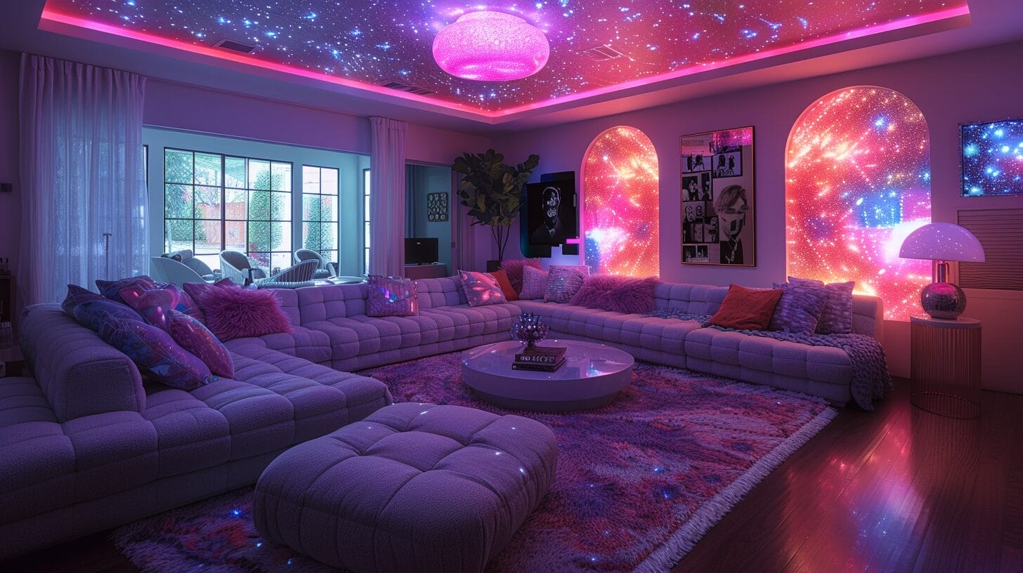 Vibrant living room laser light show with intricate patterns.