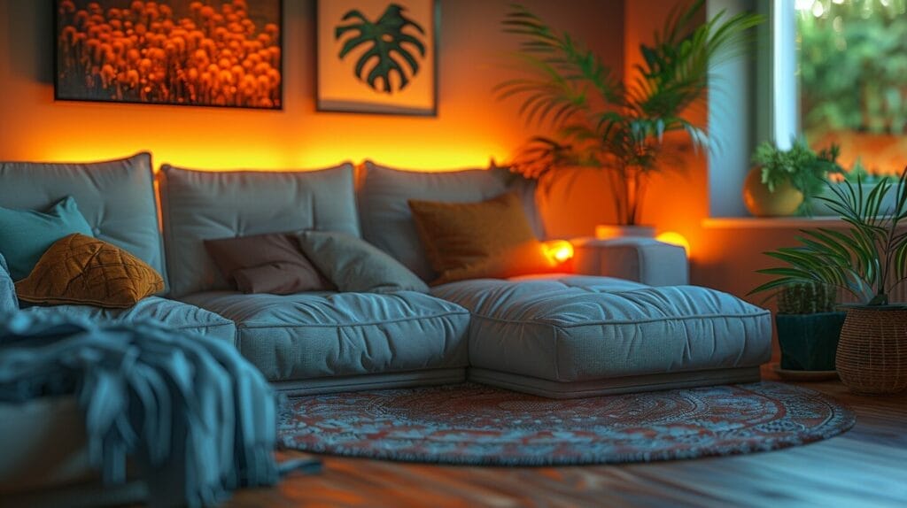 Warmly lit cozy living room with rich textures and colors