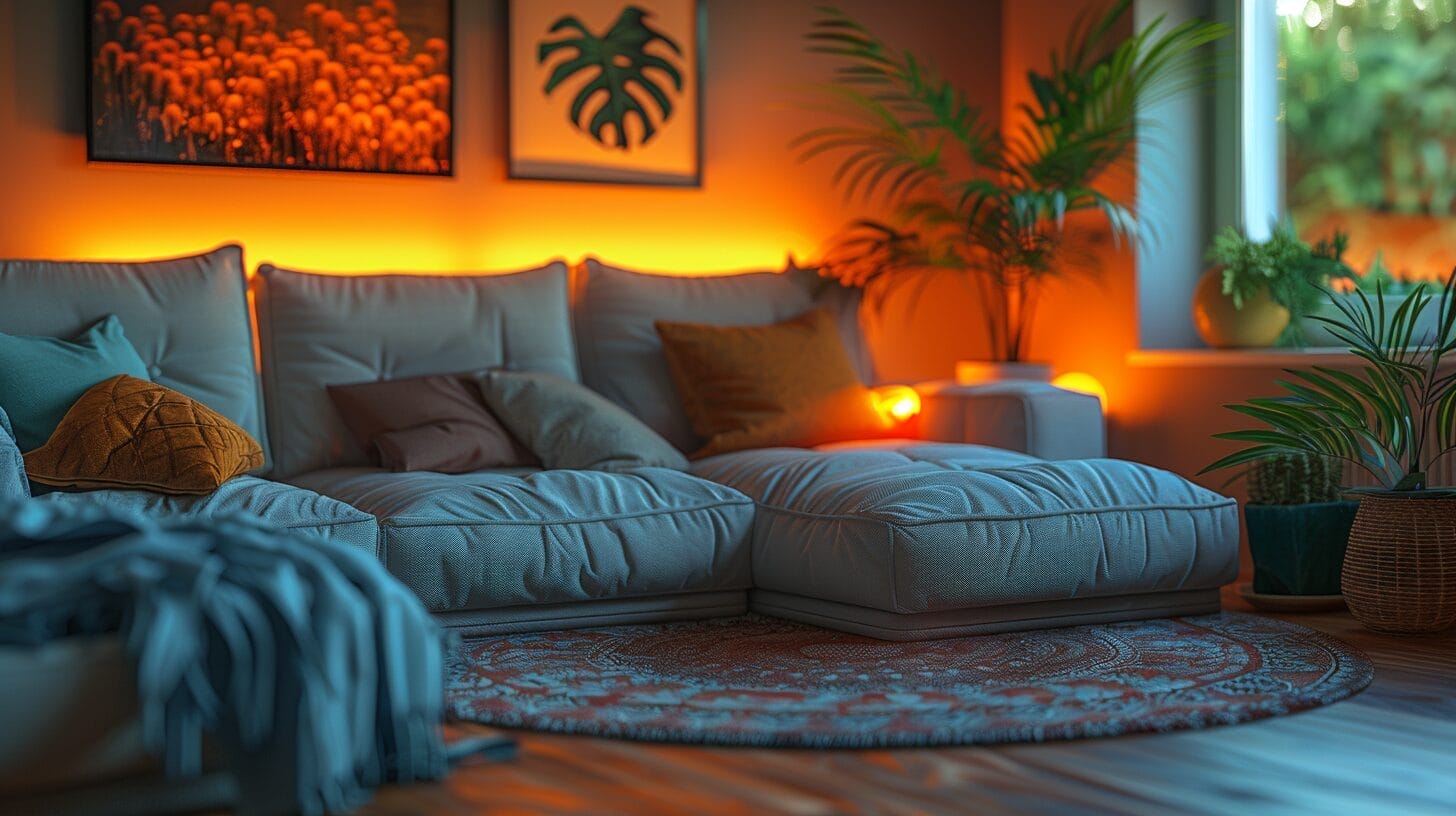 Warmly lit cozy living room with rich textures and colors