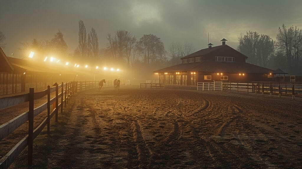 Warmly lit horse arena at dusk with long shadows of jumping poles and horses in motion.