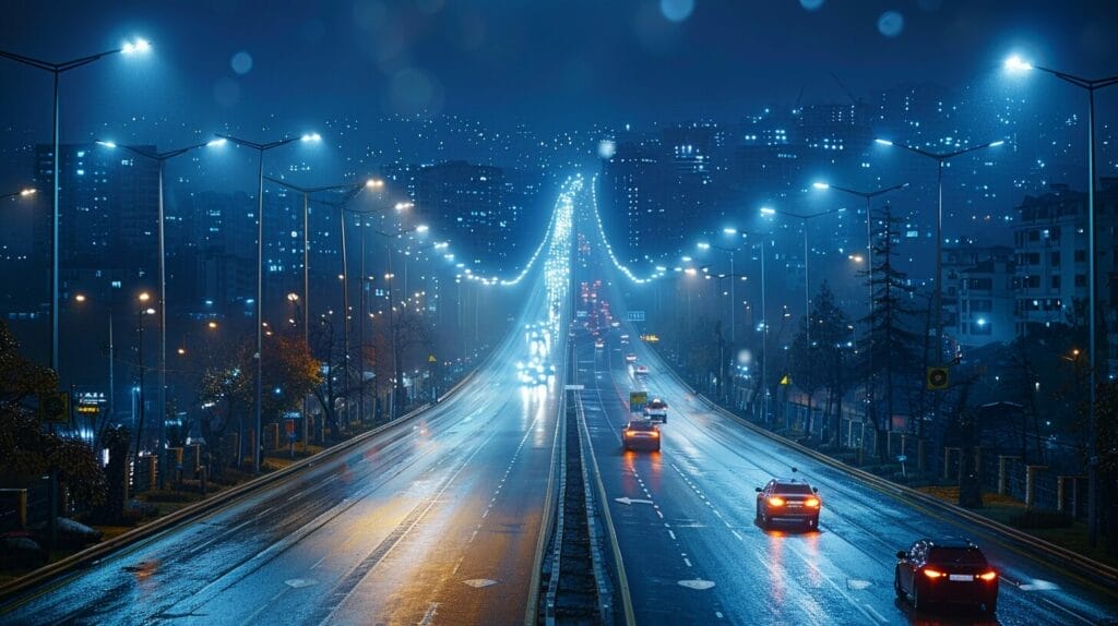 Well-lit highway at night with high mast LED lights.