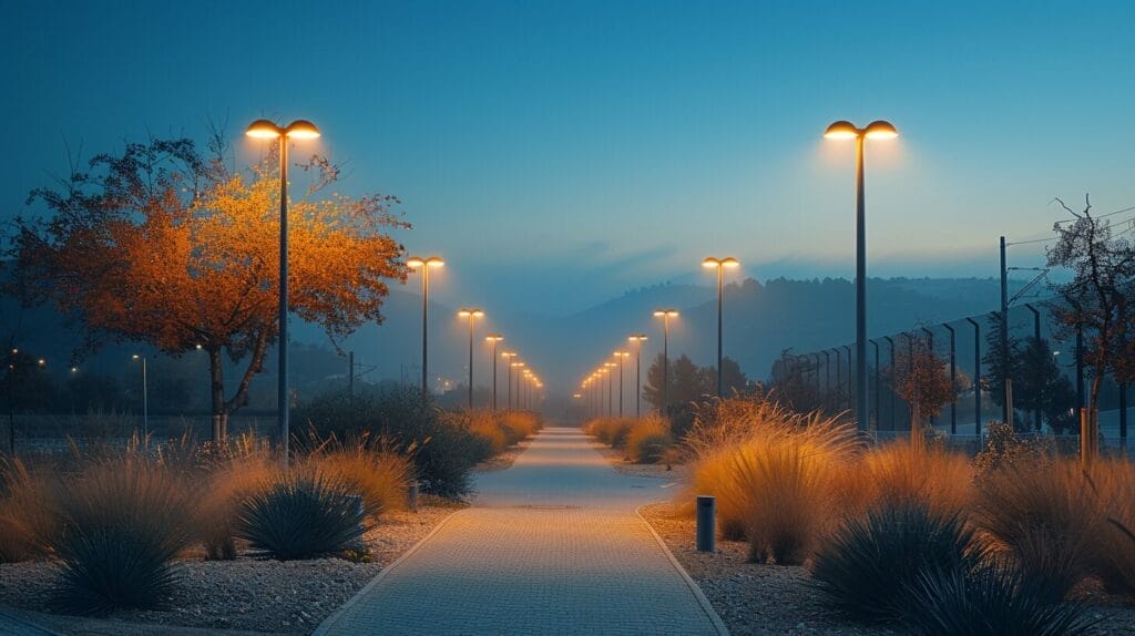 Wide outdoor space brightly illuminated by a powerful light source.