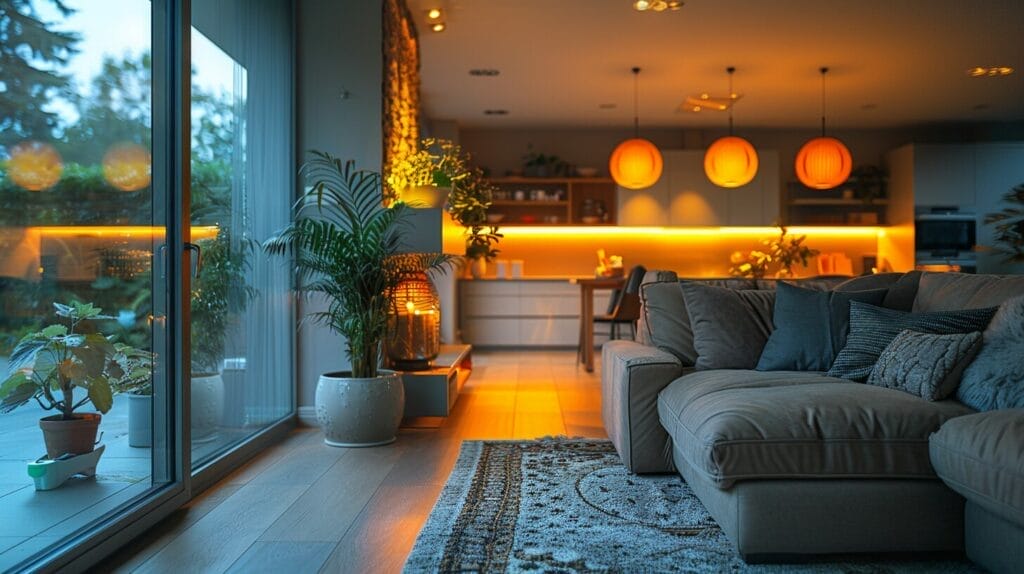 a cozy living room with a warm glow