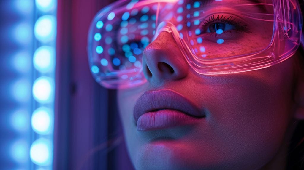 A close-up of a person's face during LED light therapy, their eyes covered by goggles