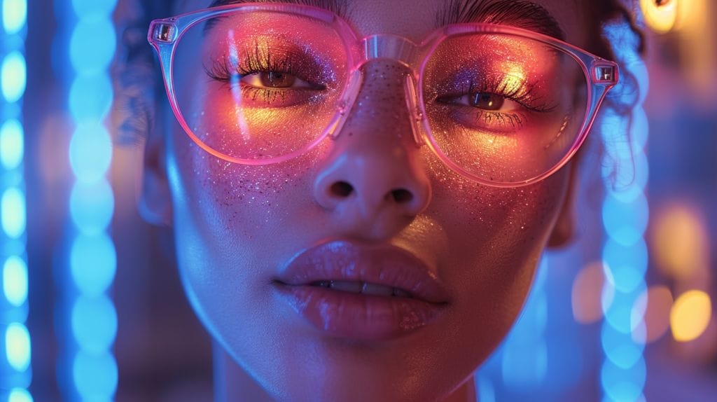 A close-up of a person's face during LED light therapy, their eyes covered by goggles, highlighting the importance of eye protection and safety