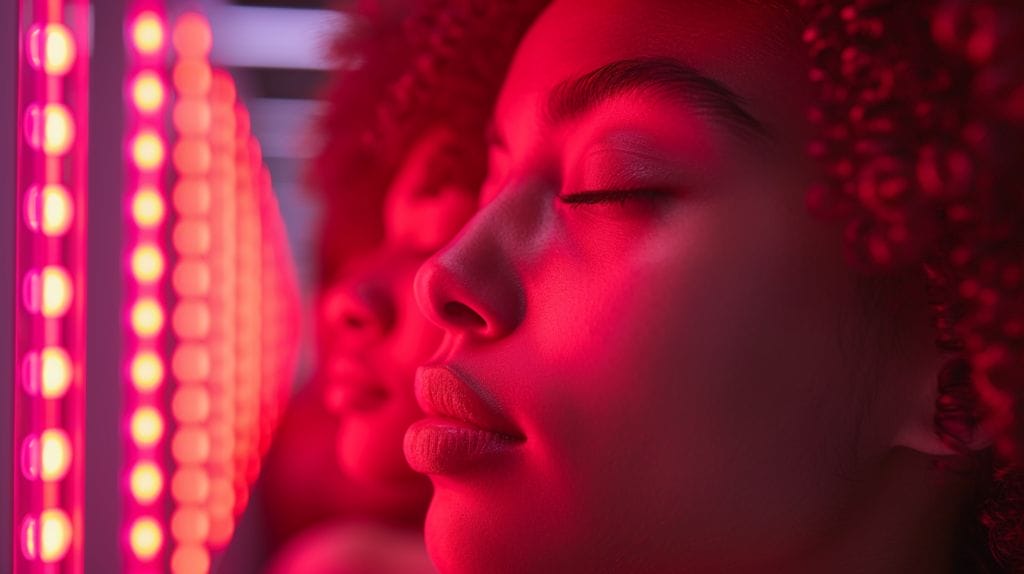 Red LED Light Benefits featuring A diverse group of individuals under the healing red glow of LED light therapy, illustrating its wide-ranging benefits and debunking misconceptions.