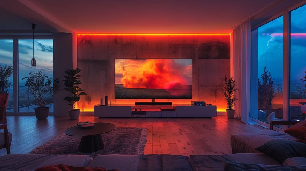 How to Sync LED Lights to TV featuring a A living room illuminated by LED lights that mirror the vibrant colors on a TV screen.