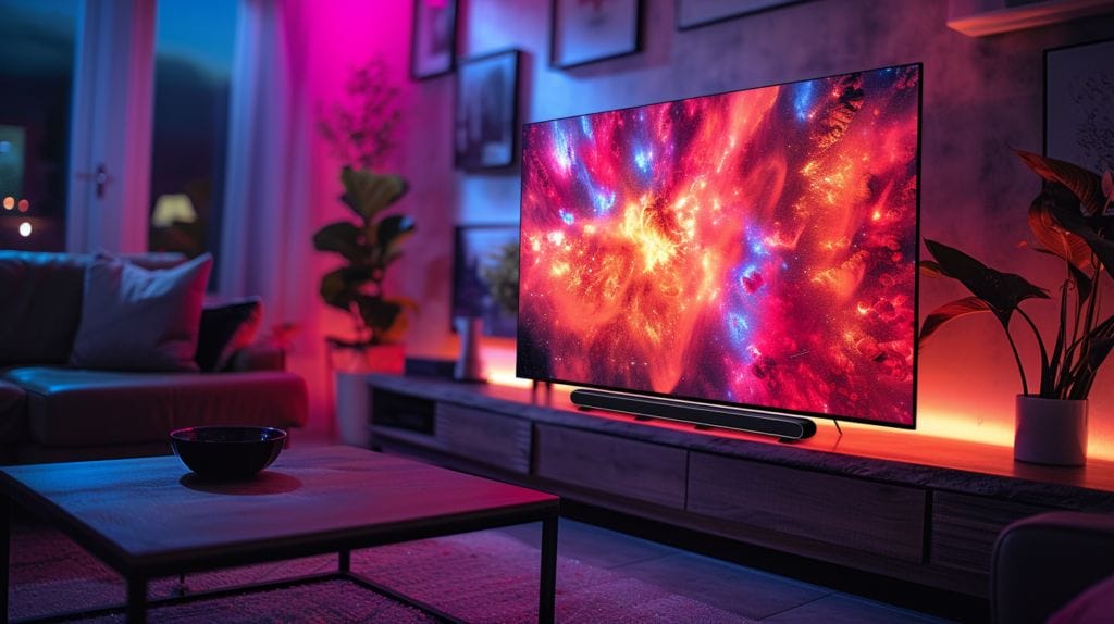A living room with LED lights synchronized to a TV, creating timed color changes for an immersive viewing experience
