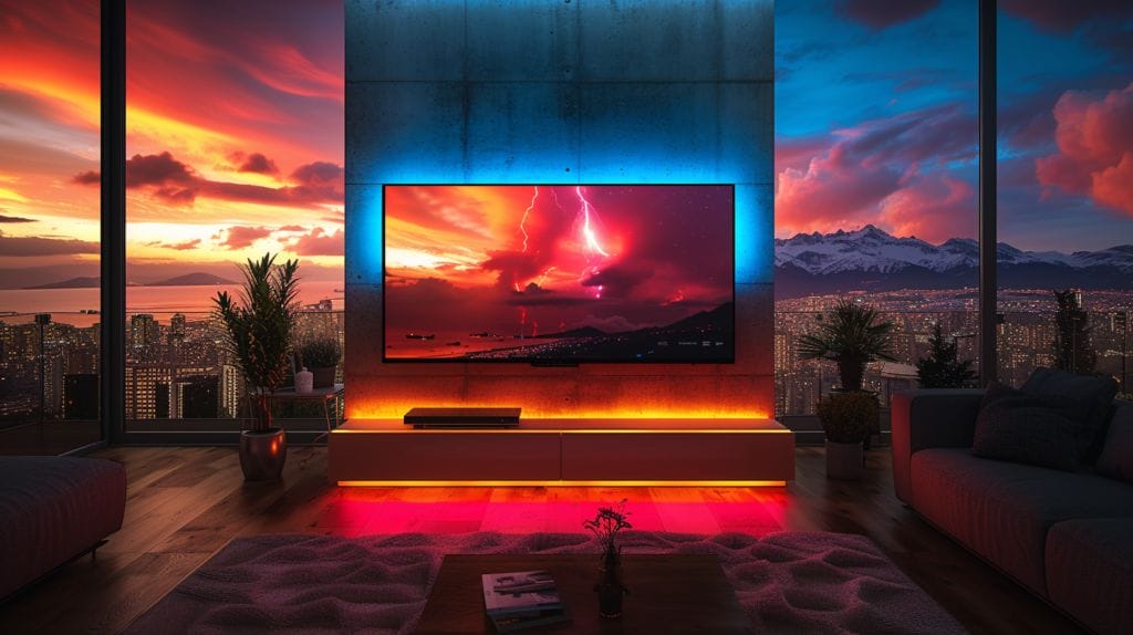 A living room with a TV and LED lights outlining the room, synchronized to the on-screen action.