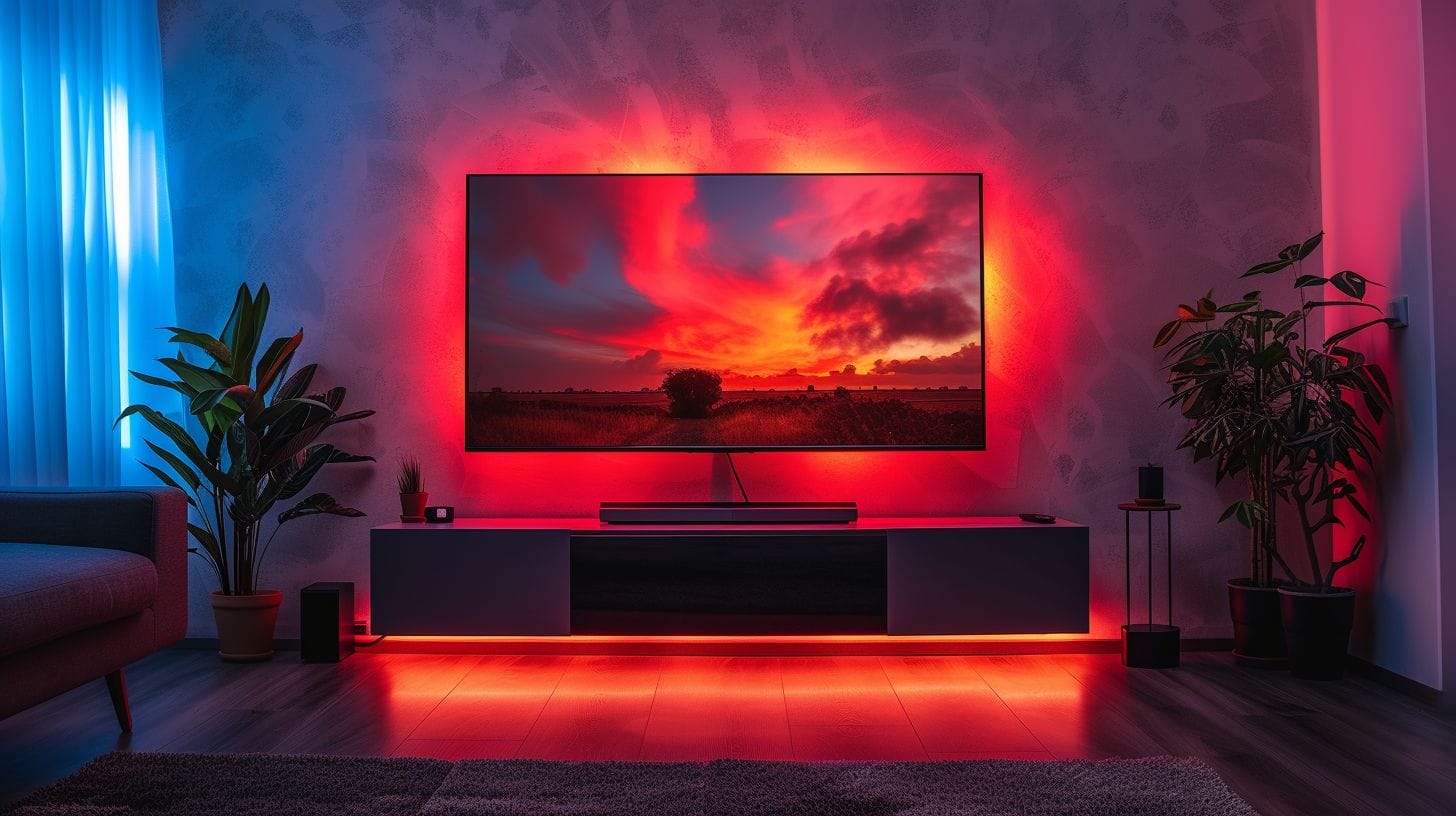 A modern living room with a wall-mounted TV with LED lights synchronized to the TV.