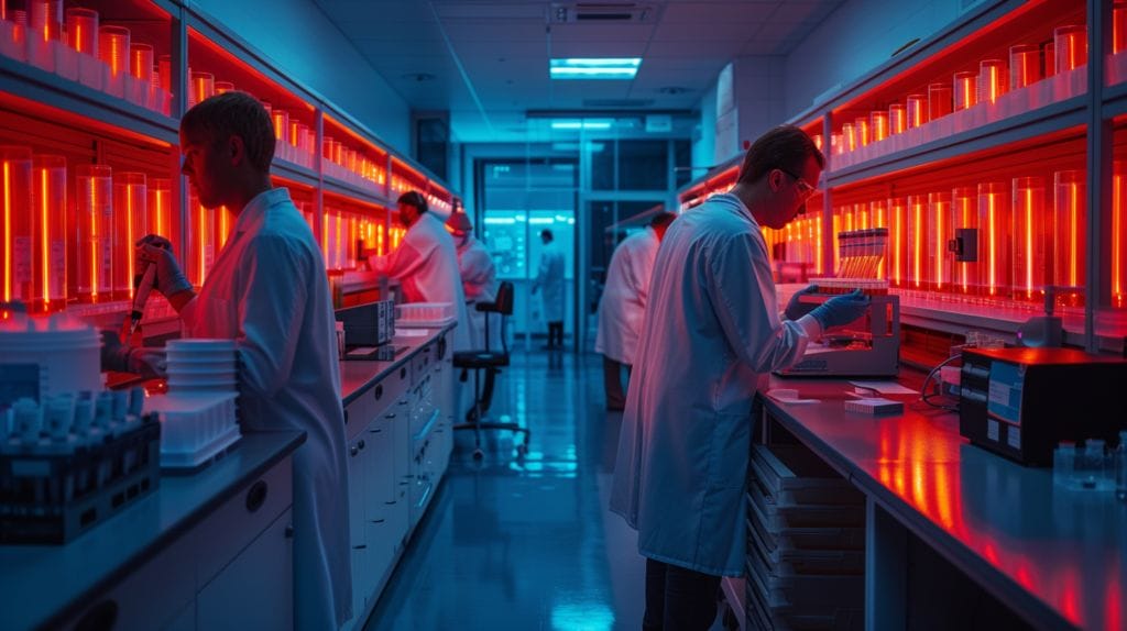 A modern research laboratory with scientists studying the potential applications of red LED light therapy, emphasizing ongoing research and future possibilities.