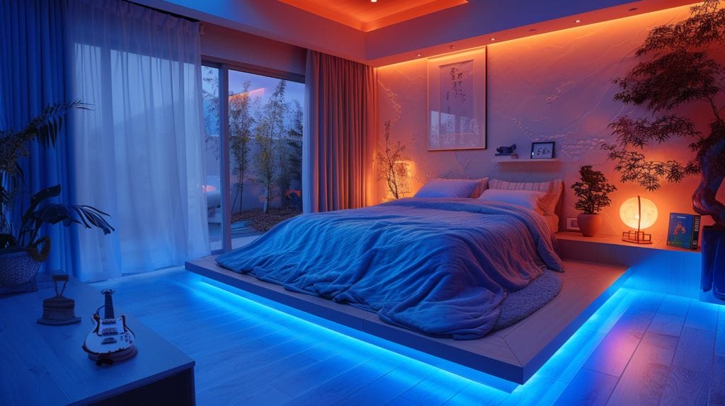 A peaceful bedroom illuminated by soft, safe LED light, emphasizing healthy LED usage